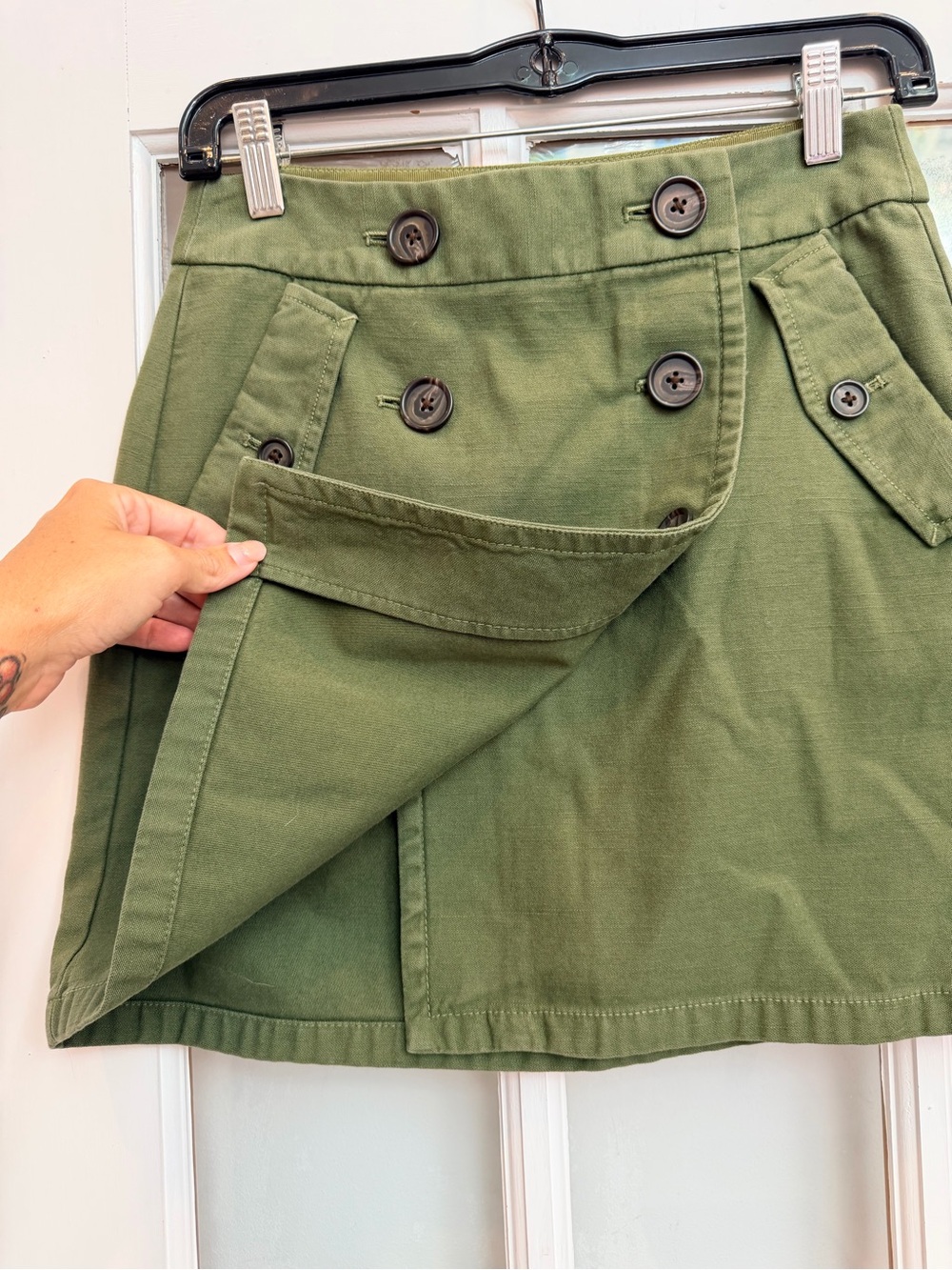 J. Crew Y2K Olive Army Green Cotton Twill Button Front Mini Skirt Size 00 XXS - Picture 4 of 11